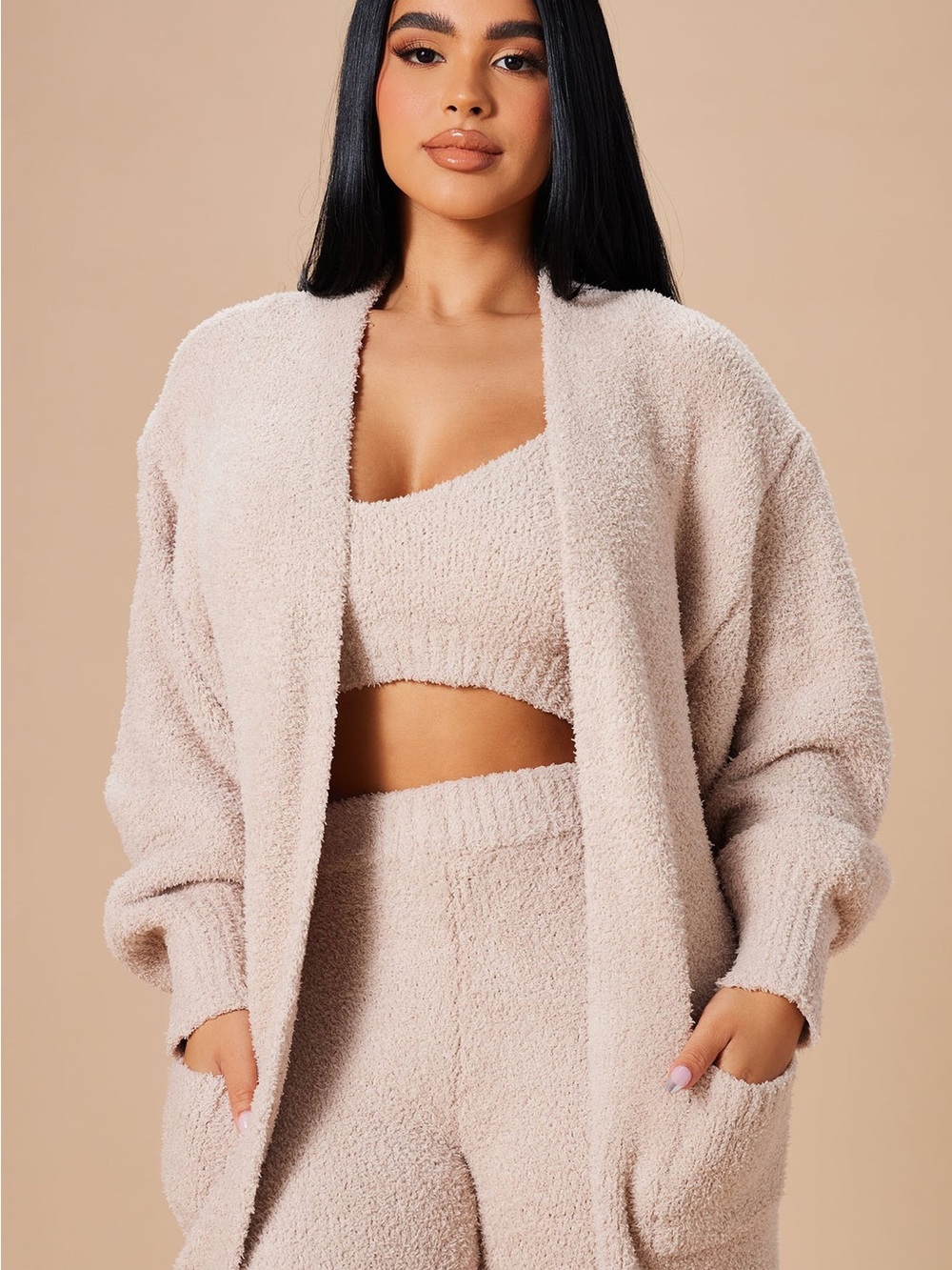 Fashion Nova Cream Bouclé Open-Front Teddy Jacket